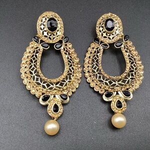 New 1% Gold plated Polki Bollywood dangle earrings with Onyx  stones setting